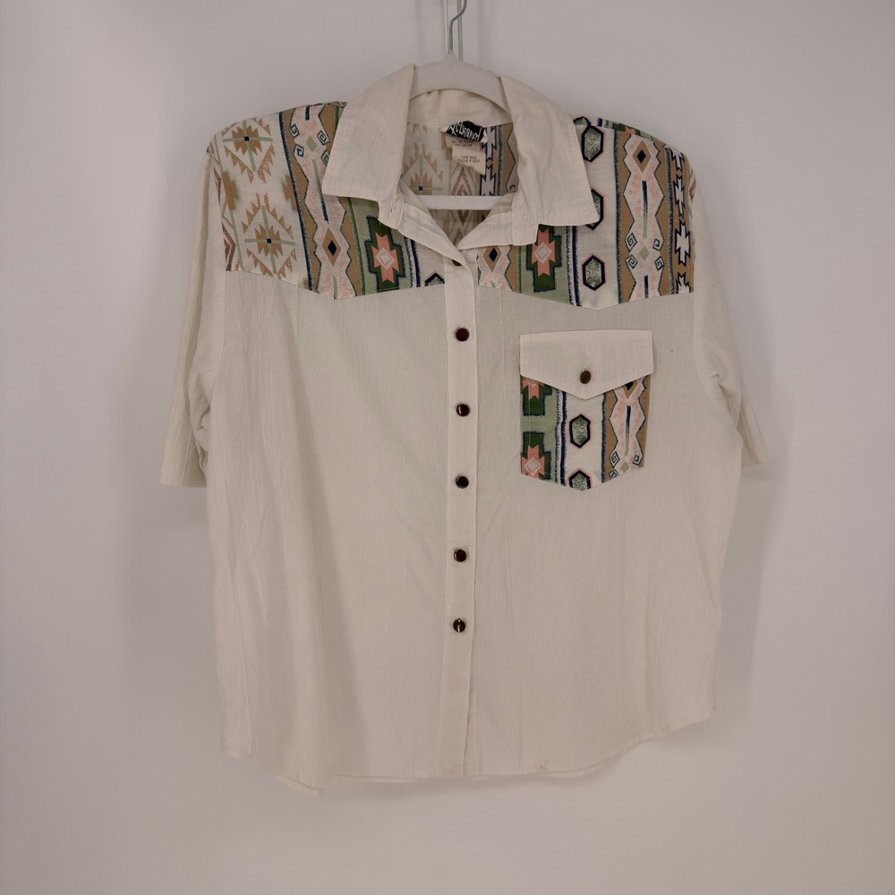 Tapestry Button Down Shirt Women Large Cream Southwestern Aztec Vintage 90s Boho
